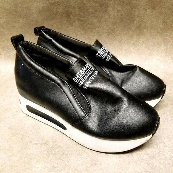 Shishang Womens   Size 37 EUR 7 Black  Slip On Loafer Chunky Platform Heels - Picture 1 of 10